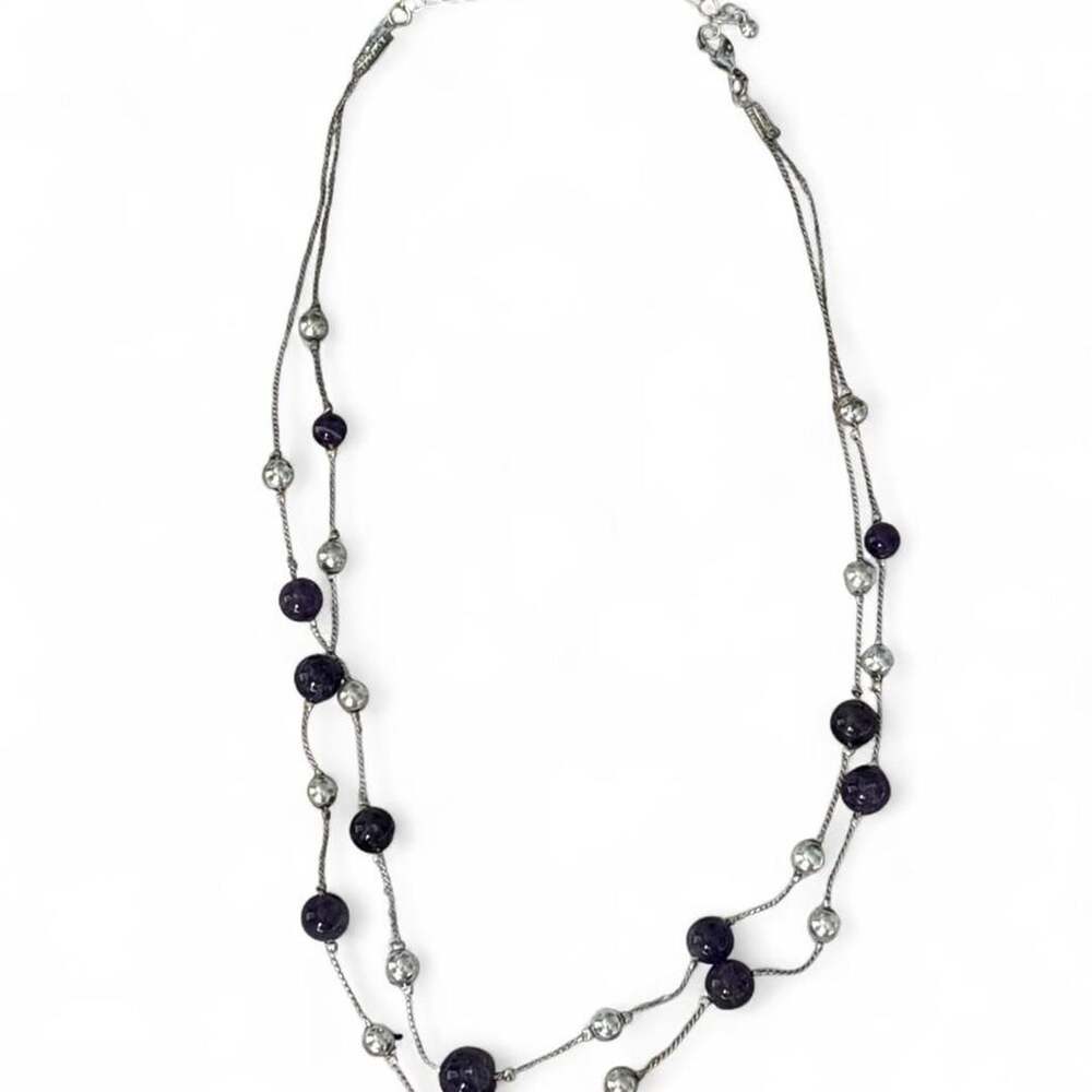 Chico's Layered Beaded Necklace Purple Silver Tone